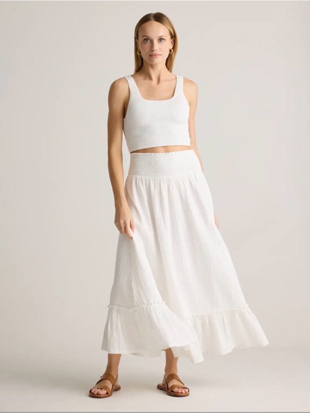 Quince White Maxi Skirt - Flowing Tiered Cotton Blend